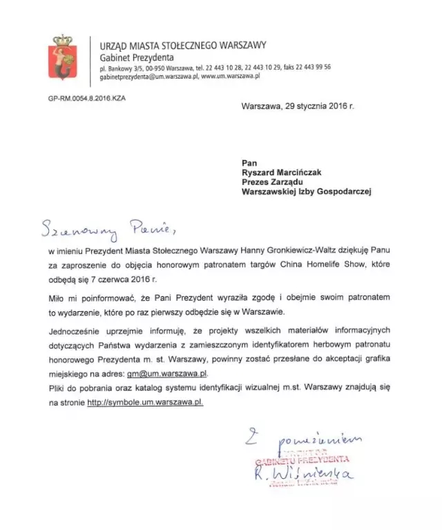 波兰华沙市长亲笔致信